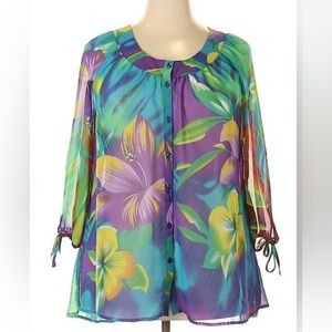 Tropical Floral Sheer Blouse - Purple and Green